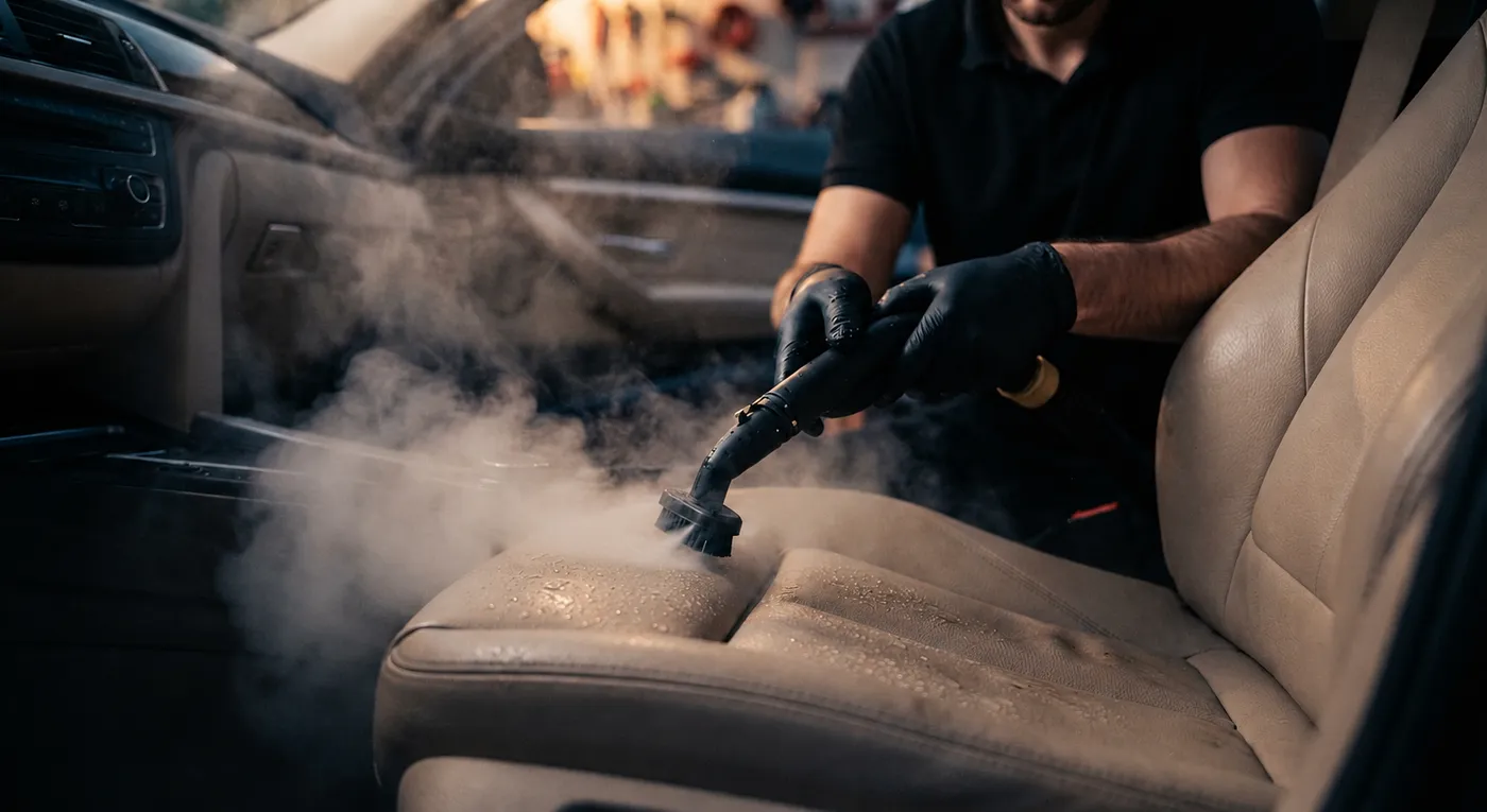Lavado de tapiz a vapor en interior de vehículo
